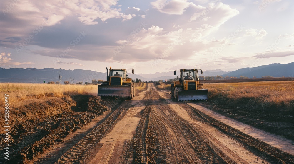 Fototapeta premium Two bulldozers stand ready on a dirt road under a picturesque sky, embodying the power of industrial machinery amidst a serene rural landscape.