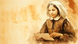 Illustration of Teaching of Children by St. Mary MacKillop in 19th-Century Australia, Biblical Illustration, Beige Background, Copyspace,Christian banner