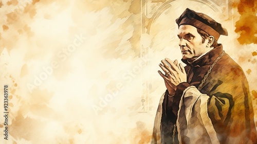 Illustration of Prayer of St. Thomas More in 16th-Century English Court, Biblical Illustration, Beige Background, Copyspace,Christian banner