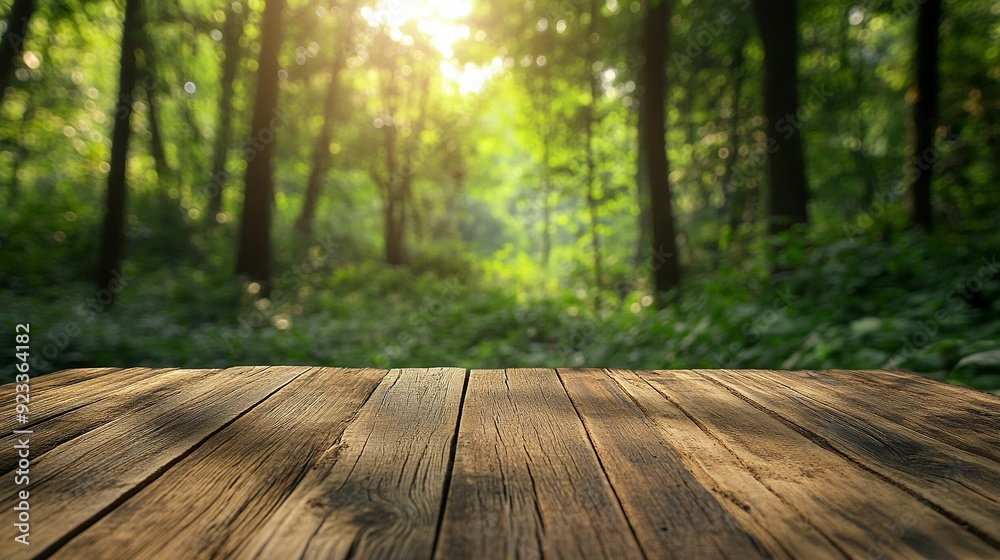 Empty wood table top with blur background of nature lush green forest. generative ai Empty wood table top with blur background of nature lush green forest. generative ai