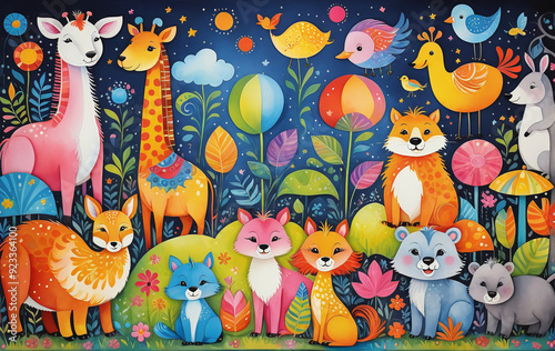 Illustrative childlike depiction of various cute and friendly animals from nature in bright colors