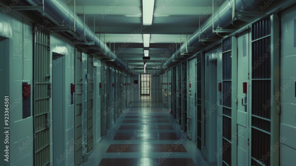 A dimly lit, sterile prison hallway with closed cells lining both sides, leading towards a barred gate at the end.