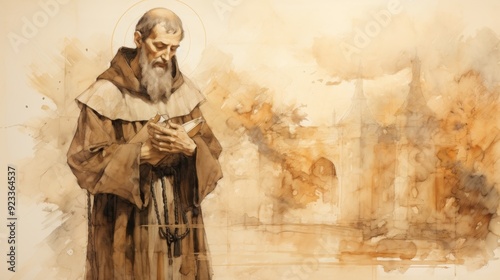 Illustration of Prayer of St. Francis of Paola in 15th-Century Italian Monastery, Biblical Illustration, Beige Background, Copyspace,Christian banner