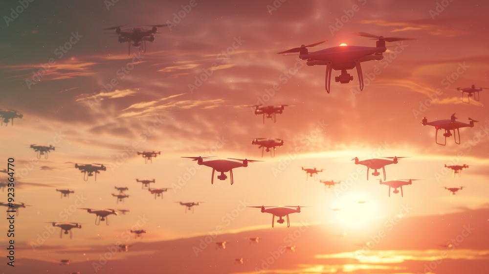 Numerous drones take flight into a vivid, fiery sunset, creating a mesmerizing and somewhat futuristic scene in the sky. Numerous drones take flight into a vivid, fiery sunset, creating a mesmerizing and somewhat futuristic scene in the sky.