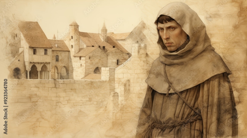 Fototapeta premium Illustration of Vision of St. Julian of Norwich in 14th-Century English Village, Biblical Illustration, Beige Background, Copyspace,Christian banner