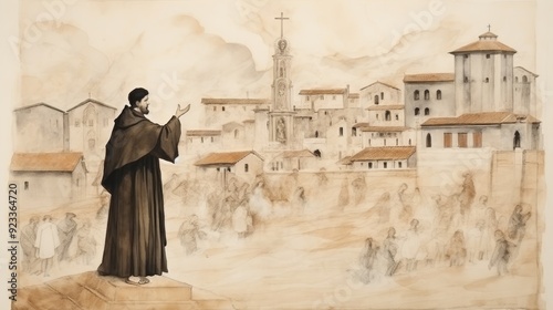 Illustration of Preaching of St. Dominic de Guzman in 13th-Century Spanish City, Biblical Illustration, Beige Background, Copyspace,Christian banner photo