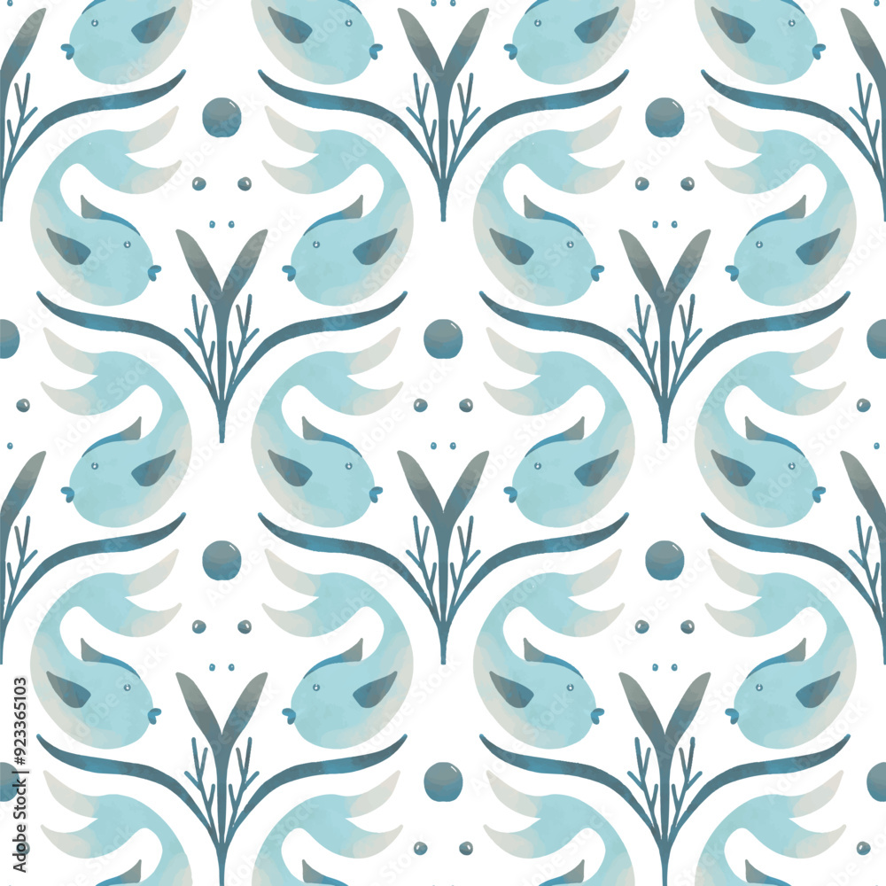 seamless pattern with blue fish and blue leaves, cute fish seamless pattern seamless pattern with blue fish and blue leaves, cute fish seamless pattern