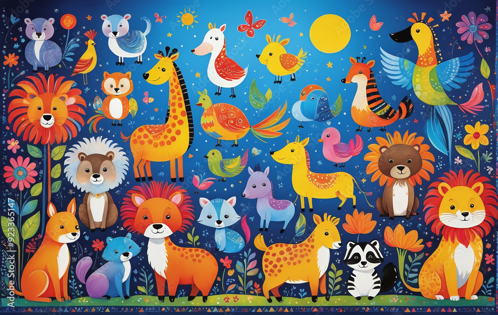 Naklejka premium Illustrative childlike depiction of various cute and friendly animals from nature in bright colors