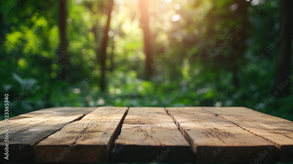 Empty wood table top with blur background of nature lush green forest. generative ai Empty wood table top with blur background of nature lush green forest. generative ai