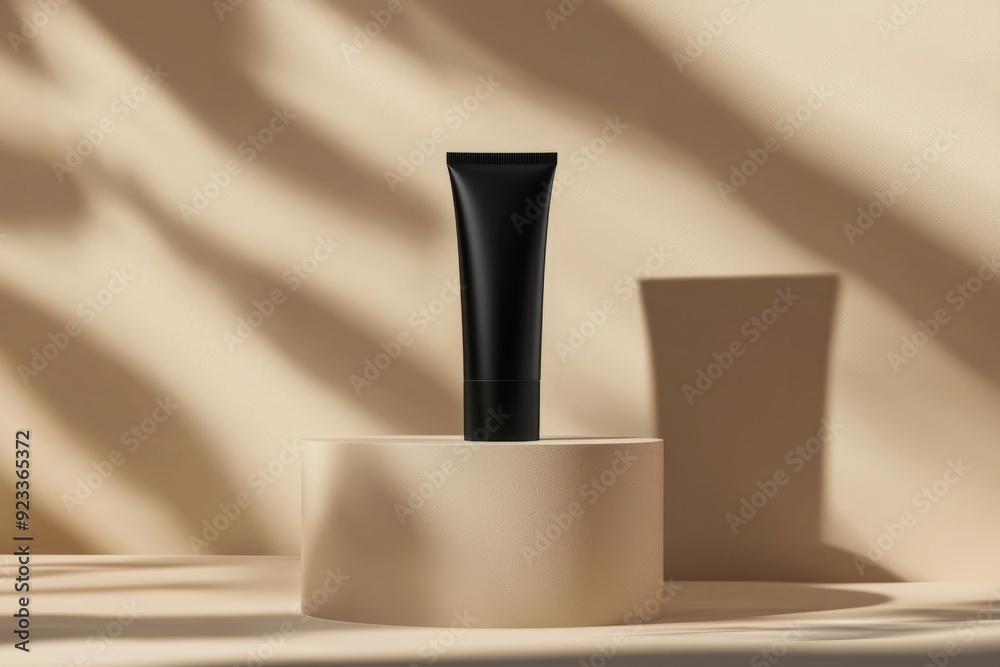 Black cosmetic tube on the podium for mockup with simple aesthetic background and artful shadow Black cosmetic tube on the podium for mockup with simple aesthetic background and artful shadow