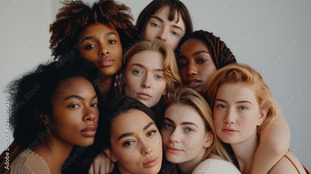 A harmonious group portrait of diverse women showcasing unity, confidence, and natural beauty against a soft background. A harmonious group portrait of diverse women showcasing unity, confidence, and natural beauty against a soft background.