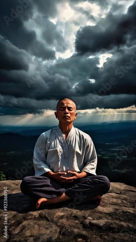 Old Buddhist monk doing spiritual and peace yoga meditation for relaxation on a rock in mountain top and time-lapse of clouds in the background Generative AI
