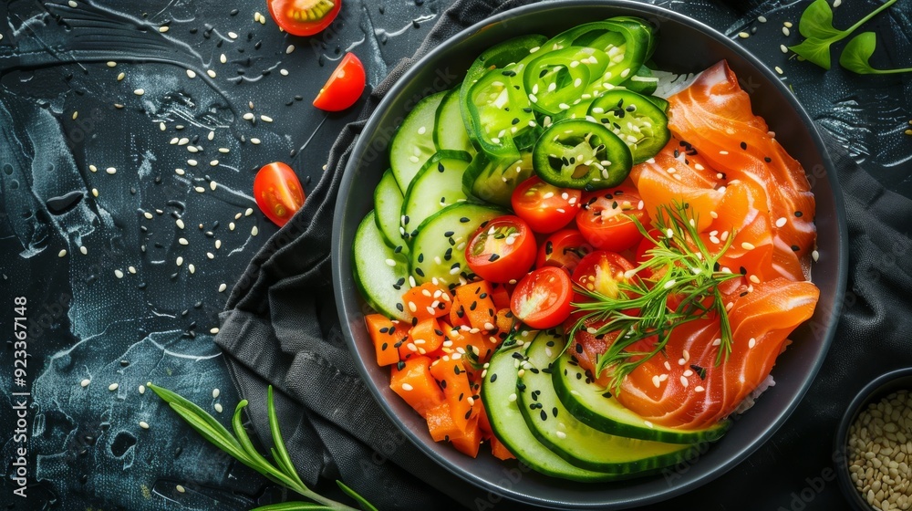A fresh, vibrant poke bowl with salmon, cucumber, and various vegetables, symbolizing a healthy and colorful meal. A fresh, vibrant poke bowl with salmon, cucumber, and various vegetables, symbolizing a healthy and colorful meal.