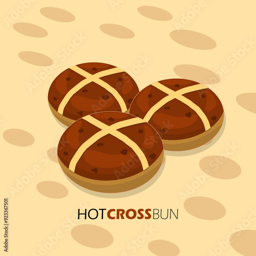 National Hot Cross Bun Day event food banner. Bread made from yeast and usually topped with lemon zest on light yellow background to celebrate on September 11