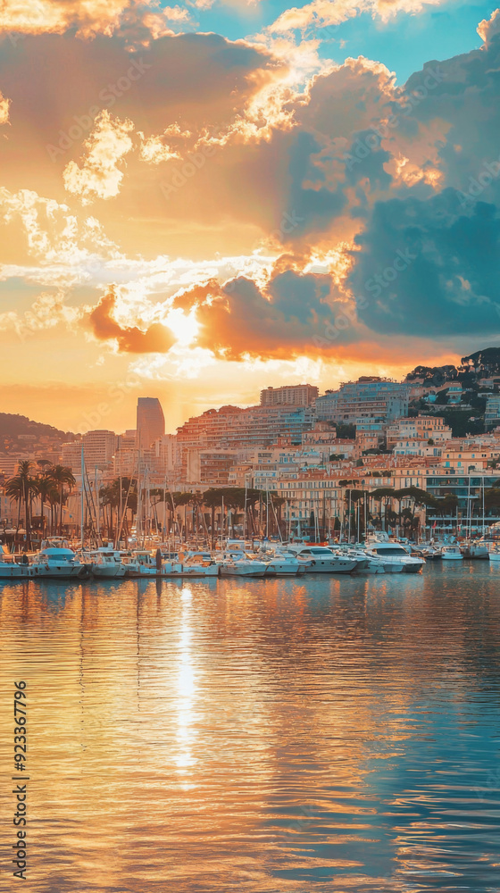 Obraz premium A beautiful sunset over a harbor with boats docked in the water