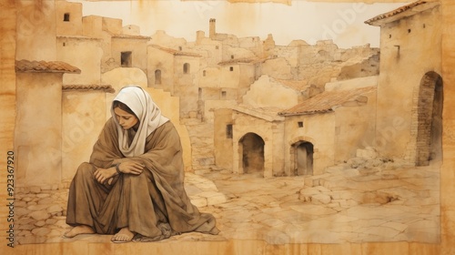 Illustration of Prayer of St. Monica in 4th-Century North African Village, Biblical Illustration, Beige Background, Copyspace,Christian banner photo