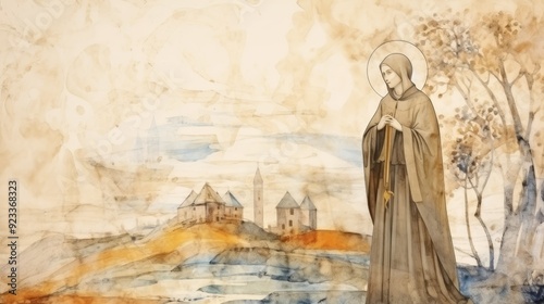 Illustration of Vision of St. Birgitta of Sweden at 14th-Century Swedish Village, Biblical Illustration, Beige Background, Copyspace,Christian banner