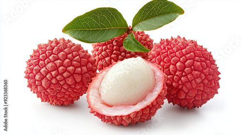 Full and half-sliced lychee fruits on a white background  photo