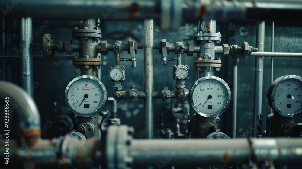 A detailed view of pressure gauges and valves in an industrial setup, representing precision and the intricacies of industrial engineering. A detailed view of pressure gauges and valves in an industrial setup, representing precision and the intricacies of industrial engineering.