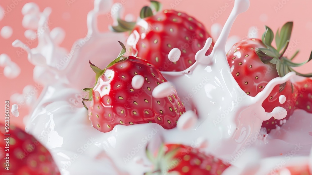 Juicy strawberries splashing into white cream, creating an exciting blend of red and white against a soft pink background. Juicy strawberries splashing into white cream, creating an exciting blend of red and white against a soft pink background.