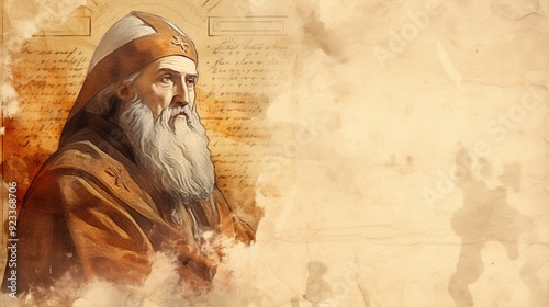 Illustration of Reflection of St. Cyril of Alexandria in Ancient Alexandria, Biblical Illustration, Beige Background, Copyspace,Christian banner
