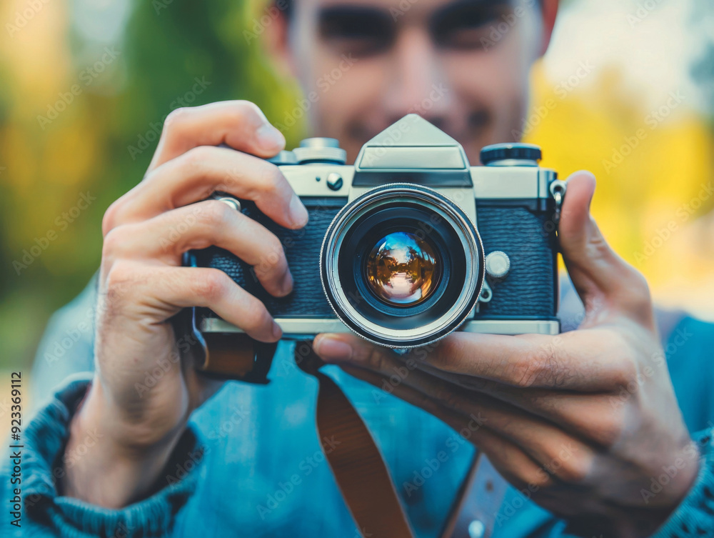 A man is holding a camera and smiling