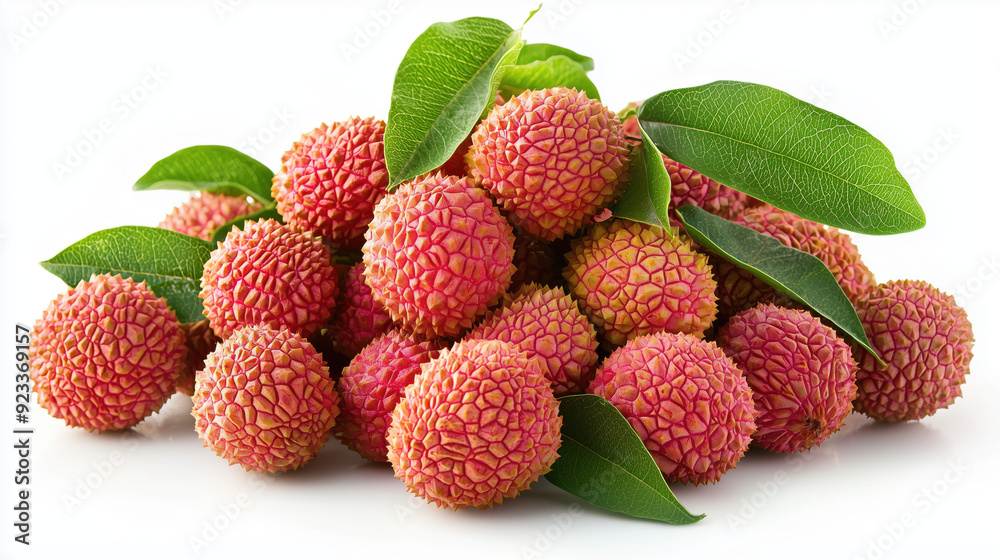 A pile of lychee fruits with leaves on a white background A pile of lychee fruits with leaves on a white background
