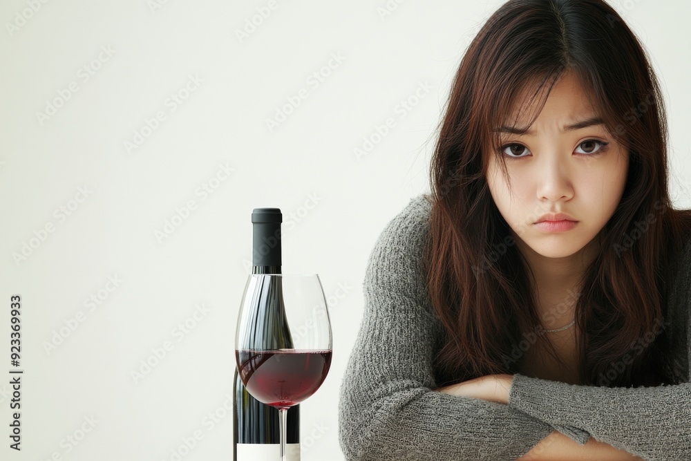 The alcoholism, suffering abuse from alcoholism, drunk asian young woman holding a glass of red wine with a whiskey bottle, drunk female sitting alone drinking on the table at home. The alcoholism, suffering abuse from alcoholism, drunk asian young woman holding a glass of red wine with a whiskey bottle, drunk female sitting alone drinking on the table at home.