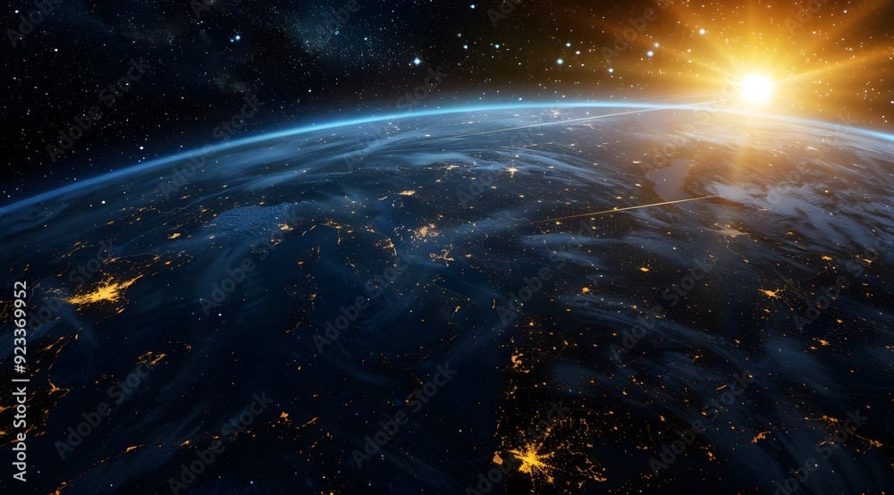View of Earth from space with lights glowing in cities View of Earth from space with lights glowing in cities