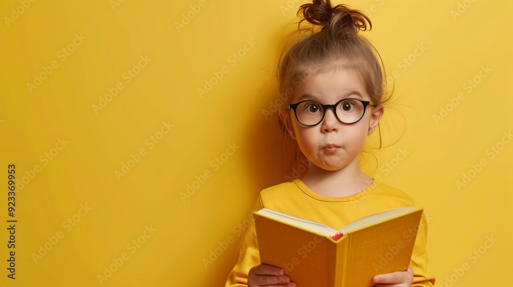 A little girl with big glasses holds a book, looking surprised. She is dressed in yellow clothes against a matching yellow background A little girl with big glasses holds a book, looking surprised. She is dressed in yellow clothes against a matching yellow background