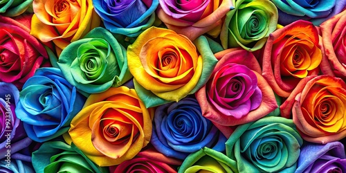 Fototapeta Naklejka Na Ścianę i Meble -  Vibrant and colorful rainbow roses pattern on a wide background, rainbow, roses, vibrant, colorful, pattern, wide