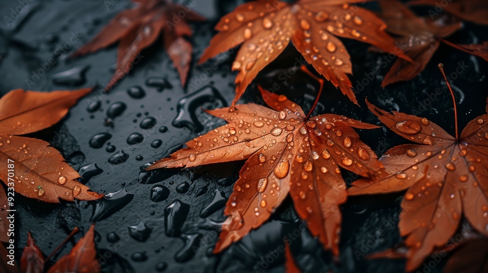 Autumn leaves in rich shades of red and orange, scattered on wet ground, glistening with fresh raindrops, embodying the season's essence. Autumn leaves in rich shades of red and orange, scattered on wet ground, glistening with fresh raindrops, embodying the season's essence.