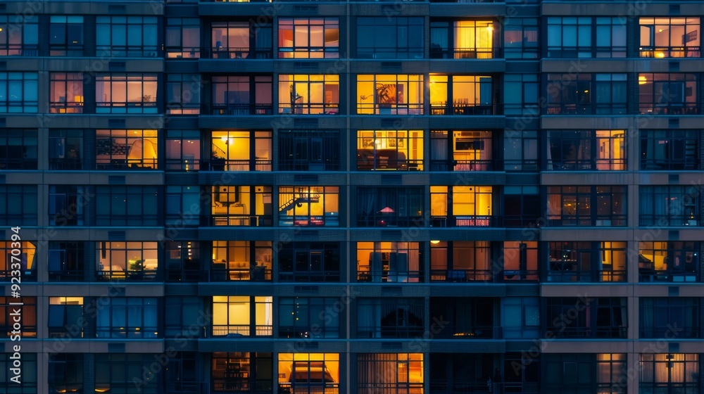 A building facade with a grid of glowing windows at dusk, revealing illuminated rooms that suggest lives and stories within. A building facade with a grid of glowing windows at dusk, revealing illuminated rooms that suggest lives and stories within.