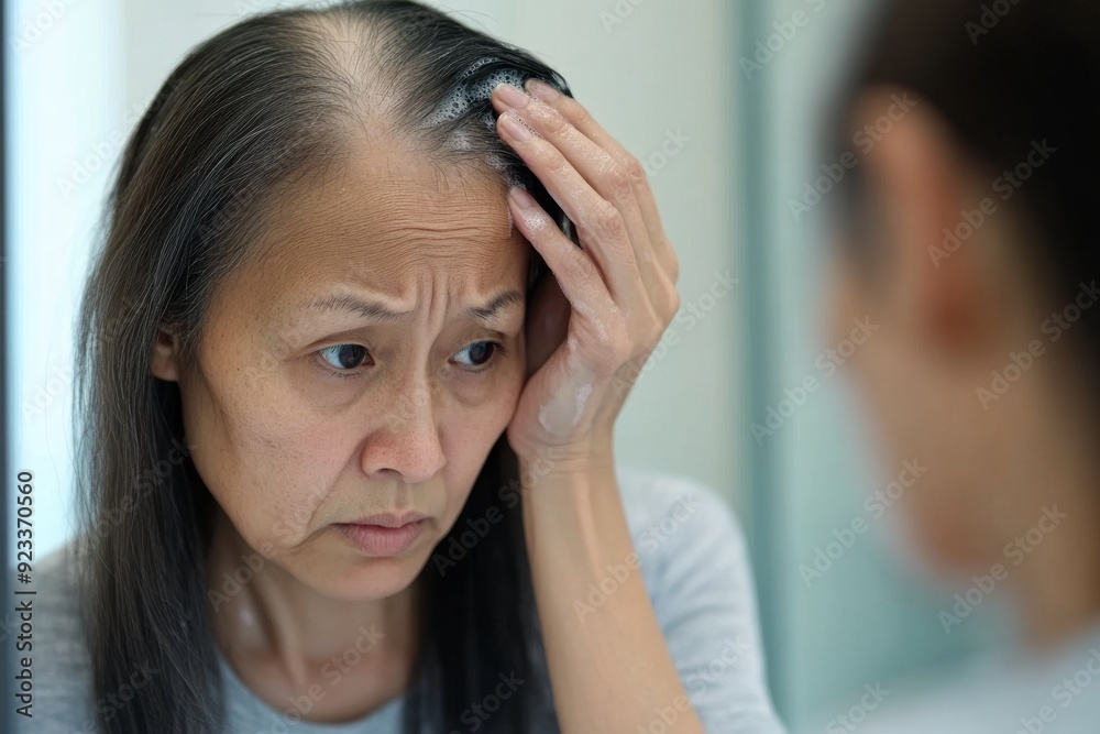 The damaged hair symptom, asian girl worried about balding, looking at the scalp in the mirror, holding hand in front of the face, and hair loss in the front. A health care treatment for beauty The damaged hair symptom, asian girl worried about balding, looking at the scalp in the mirror, holding hand in front of the face, and hair loss in the front. A health care treatment for beauty