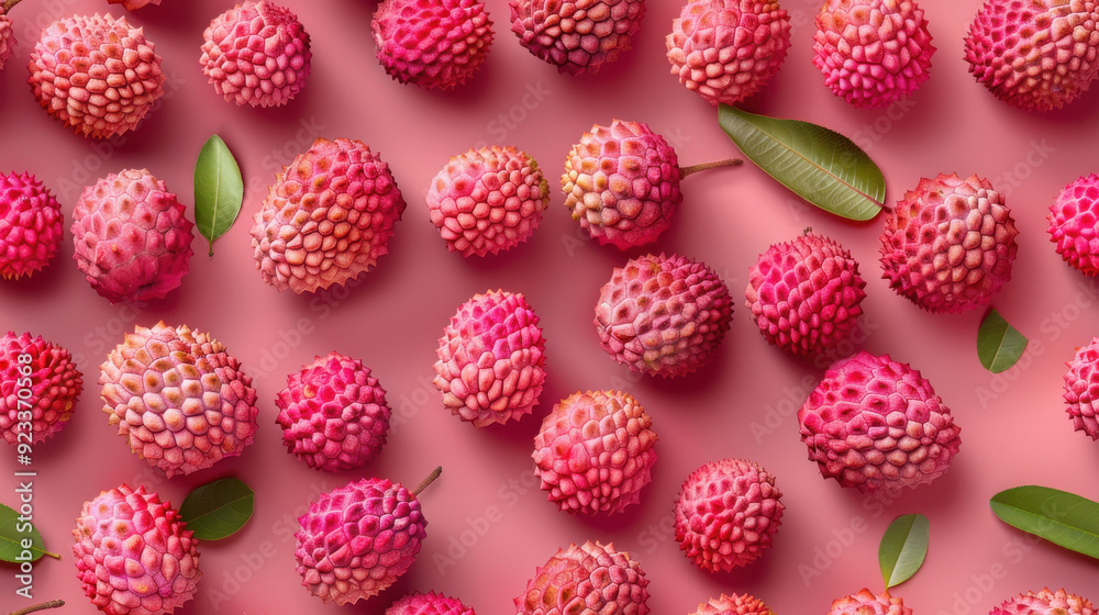 Pattern of lychee fruits arranged on a pink background Pattern of lychee fruits arranged on a pink background