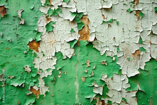 green wall painted with white old peeling paint