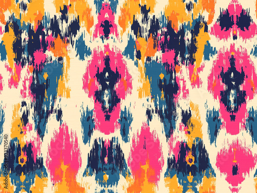 Bright, multicolored ikat patterns with playful, irregular designs, seamless pattern