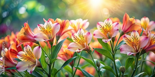 Radiant image of Alstroemeria blossoms bathed in morning light, Alstroemeria, blossoms, flowers, radiance, morning glow