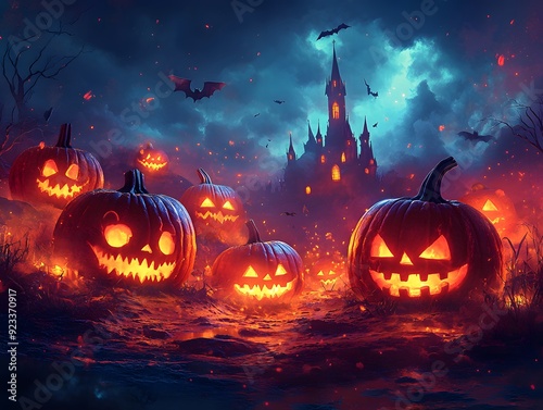 a castle with pumpkins and bats in the background.