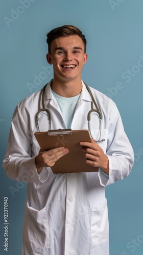 A smiling doctor stands confidently with a clipboard, ready to assist patients in a welcoming environment