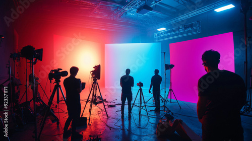 A group of people are standing in front of a large screen with a blue