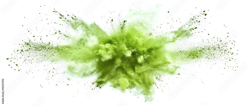 Green powder explosion on white background