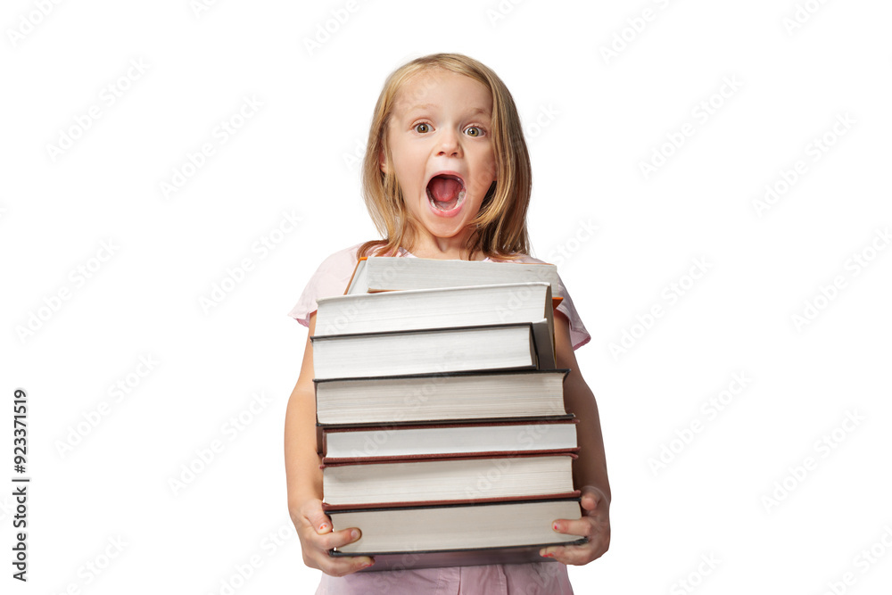 Girl with many books. Overwhelmed by the learning concept isolated on free png background. Girl with many books. Overwhelmed by the learning concept isolated on free png background.