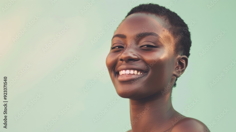An individual with a serene smile conveys tranquility and happiness against a pastel green background. An individual with a serene smile conveys tranquility and happiness against a pastel green background.