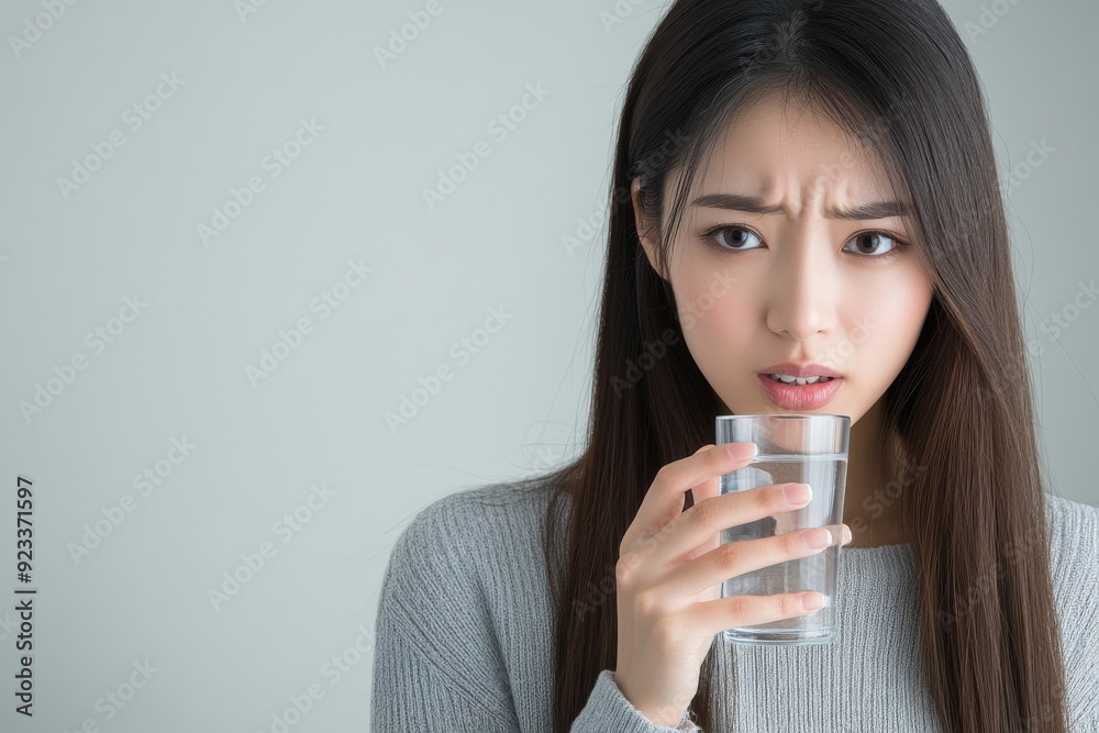 Asian young woman with toothache, hurting her cheek, face expression ache or feeling pain, sensitive molar teeth, holding a glass of ice-cold water, with inflammation when drinking cold, seeking Asian young woman with toothache, hurting her cheek, face expression ache or feeling pain, sensitive molar teeth, holding a glass of ice-cold water, with inflammation when drinking cold, seeking