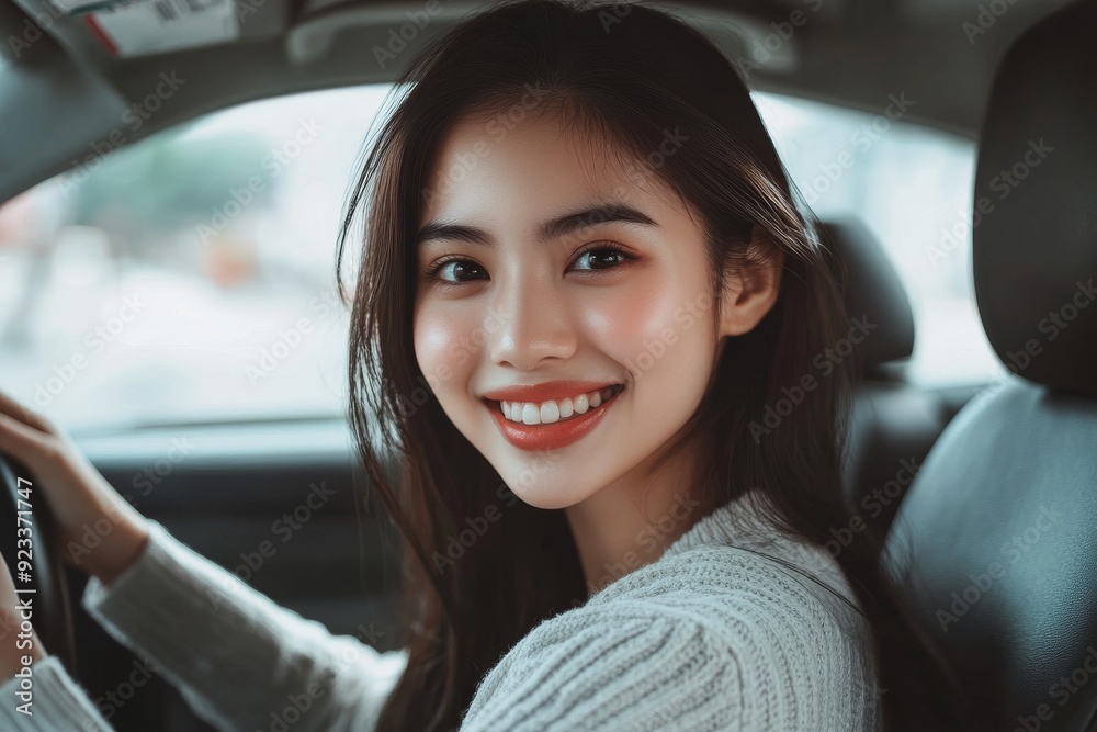 Travel, happy smile, brunette haired asian young woman holding steering wheel, woman sits on driver's seat, female fastens safety seat belt before traveling. Travel, happy smile, brunette haired asian young woman holding steering wheel, woman sits on driver's seat, female fastens safety seat belt before traveling.