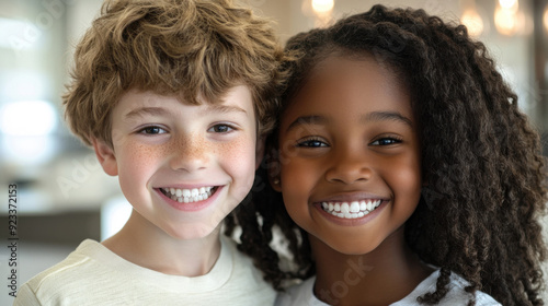 Child smiles happily, showing beautiful teeth.