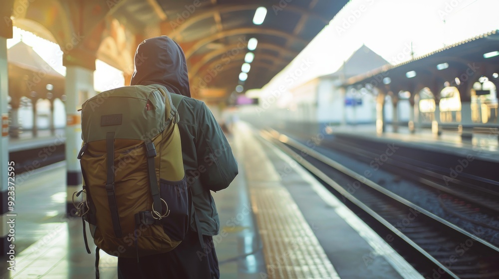 A backpacker waits at an empty train station, encompassed in a mix of anticipation and solitude as they embark on a new journey. A backpacker waits at an empty train station, encompassed in a mix of anticipation and solitude as they embark on a new journey.