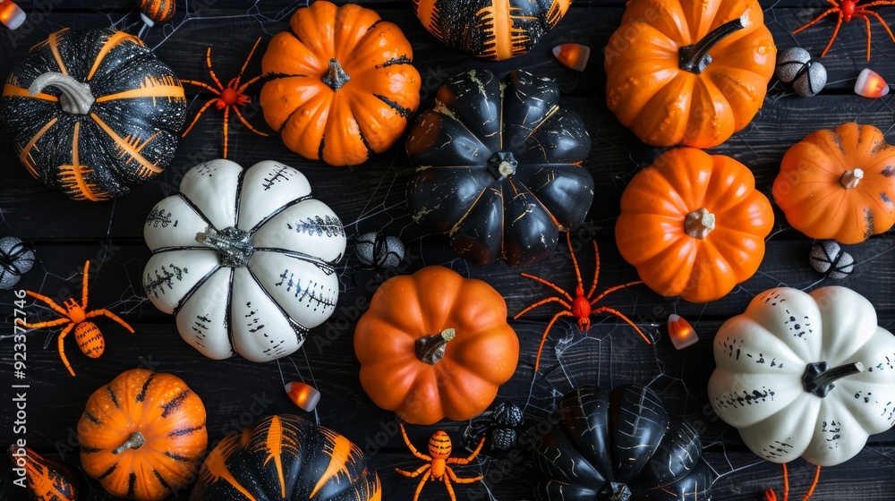 This image features a variety of pumpkins and decorative elements on a dark wooden surface. This image features a variety of pumpkins and decorative elements on a dark wooden surface.