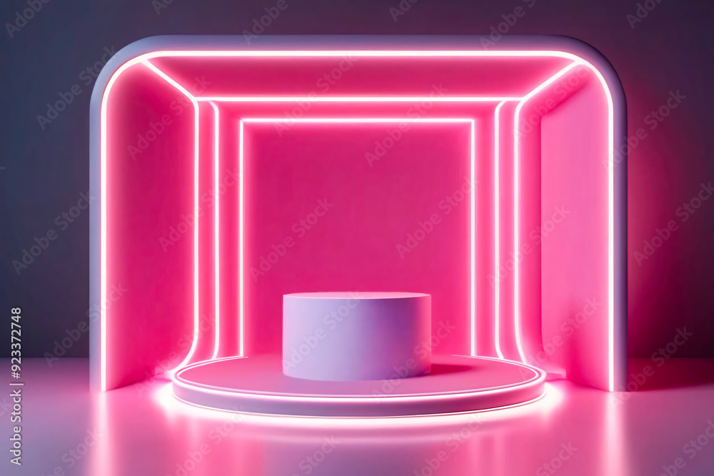 Purple podium with pink neon light for product placement and marketing Purple podium with pink neon light for product placement and marketing